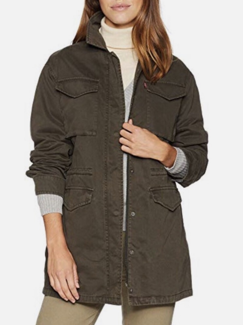 Levis Oversized Utility Jacket Army Green Cotton Zip Up Military Casual Canvas S